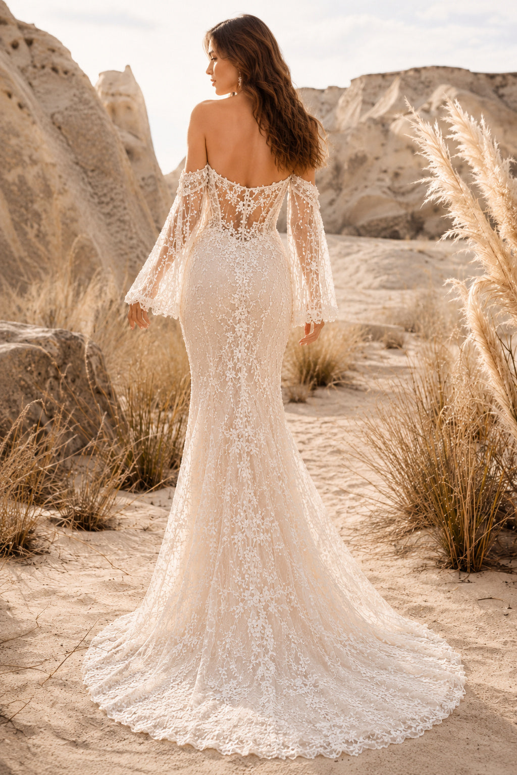 Ivory Off Shoulder Bell Sleeve Lace Mermaid Wedding Dress for Wedding Ceremony and Reception Style MG_701450 back view