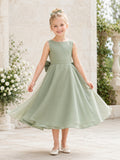 Sleeveless Sage Satin A-Line Flower Girl Dress with square Neckline and Tea length Skirt with Bow Detail front view