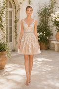 Ivory V-neck Sleeveless A-Line Short Dress With Lace Appliques