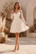 Ivory Sweetheart Tulle Mini Wedding Dress with Spaghetti Straps and Sheer Long Sleeves front view