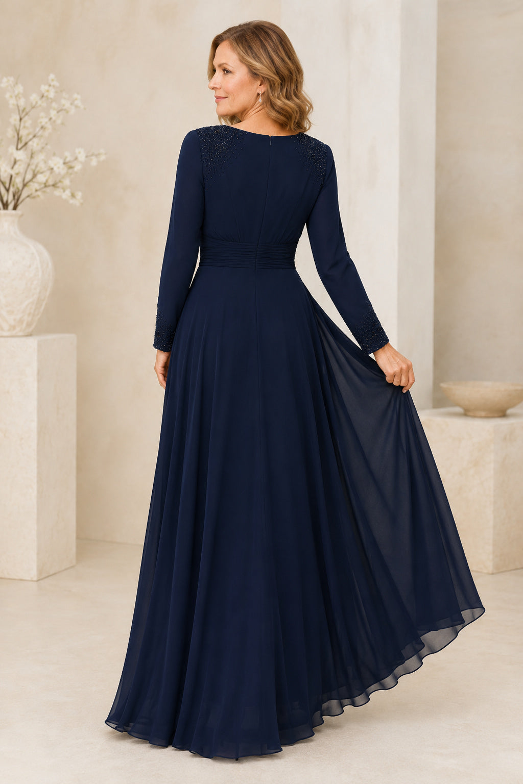 Dark Navy Long Sleeve Chiffon A-Line Mother Dress with Beaded Shoulders back view