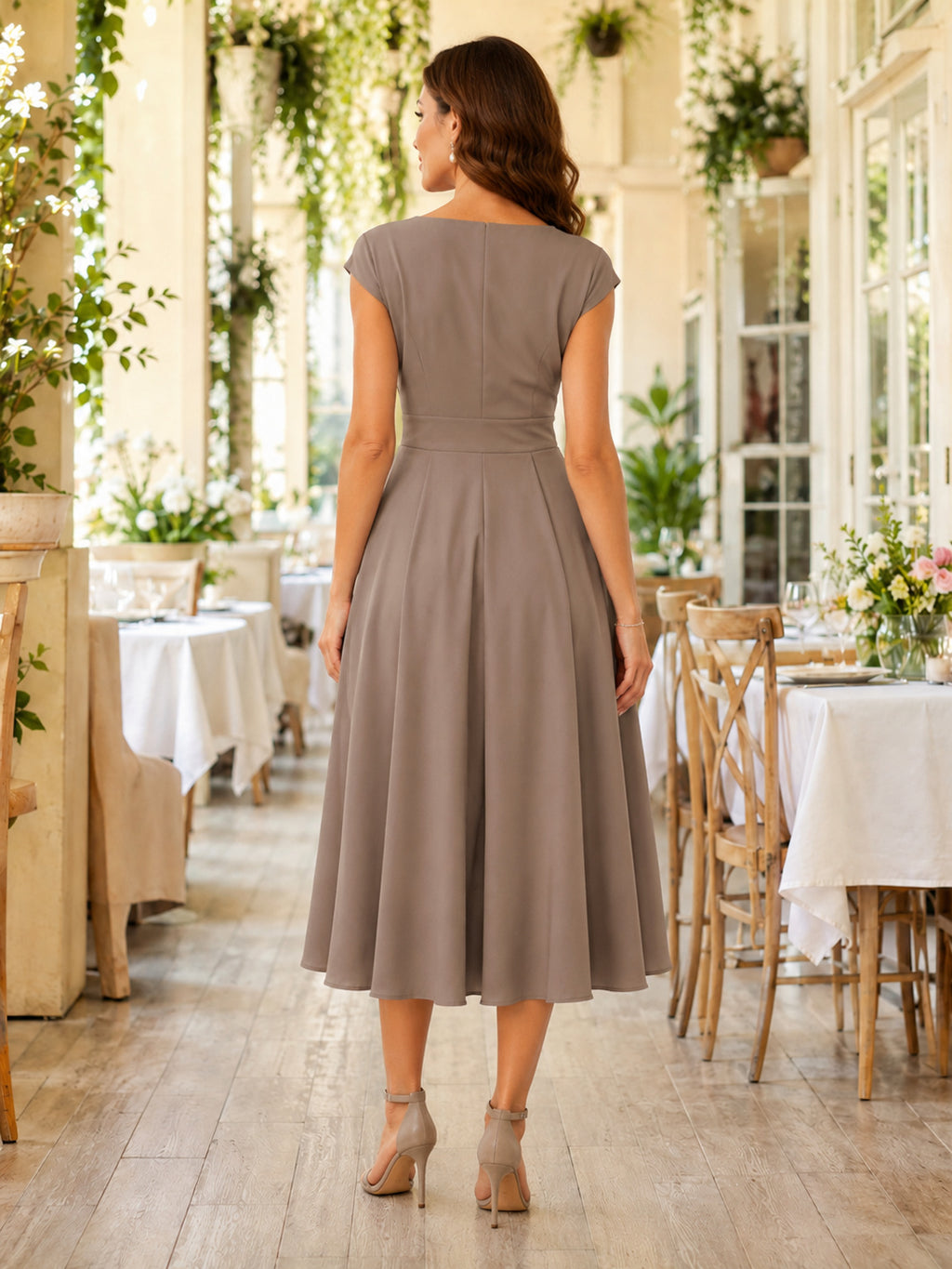 Taupe V-neck cap sleeve A-line tea length dress back view