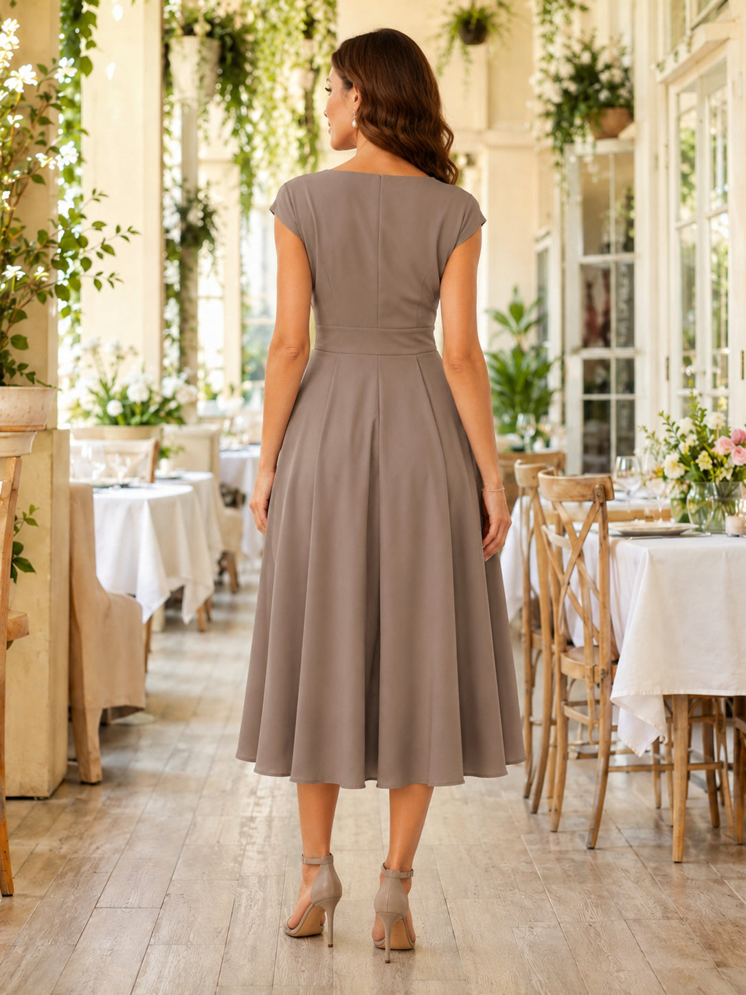 Taupe V-neck cap sleeve A-line tea length dress back view