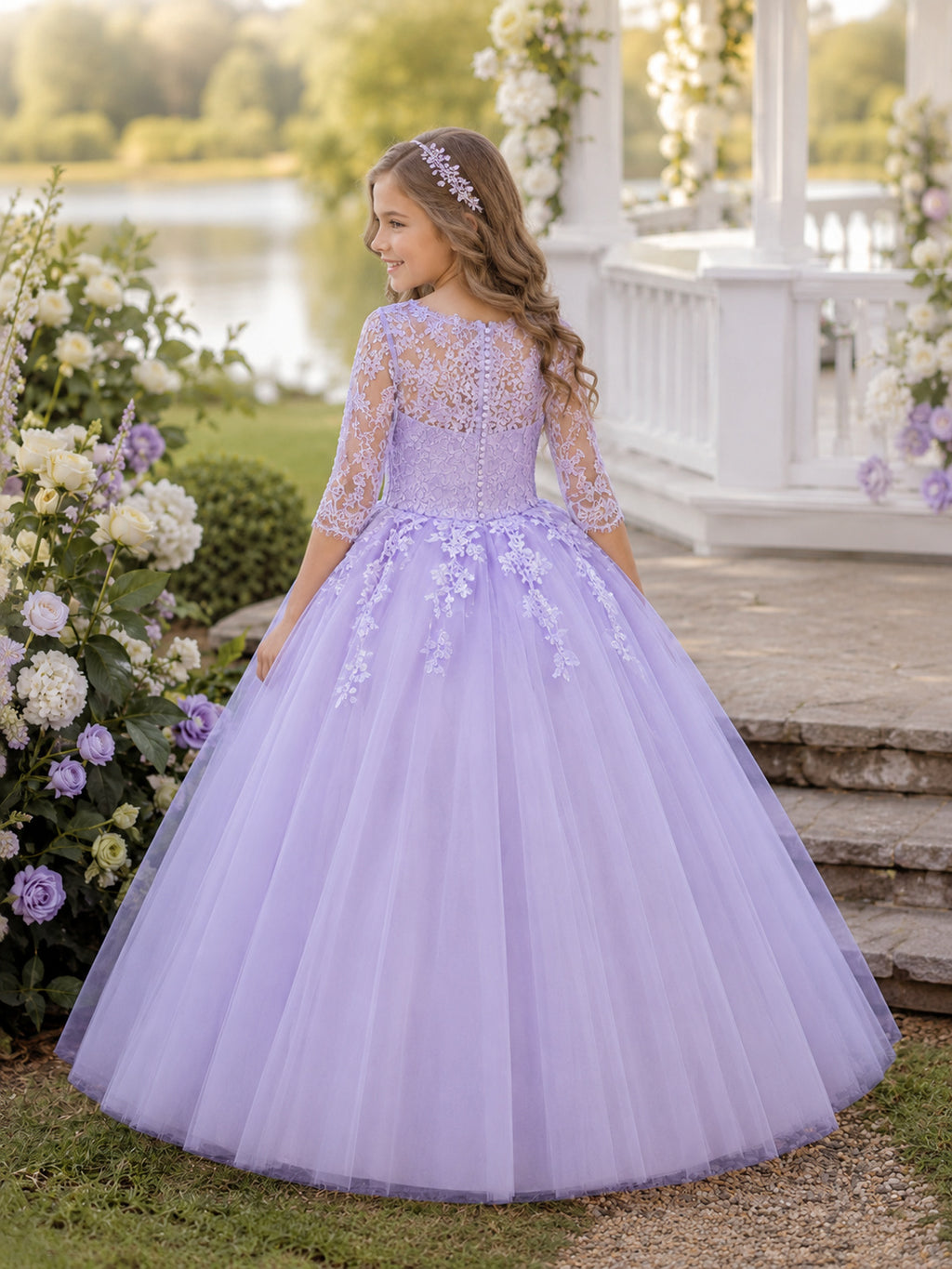 Lavender Floral Tulle Ball Gown Flower Girl Dress with Floor-Length Skirt back view