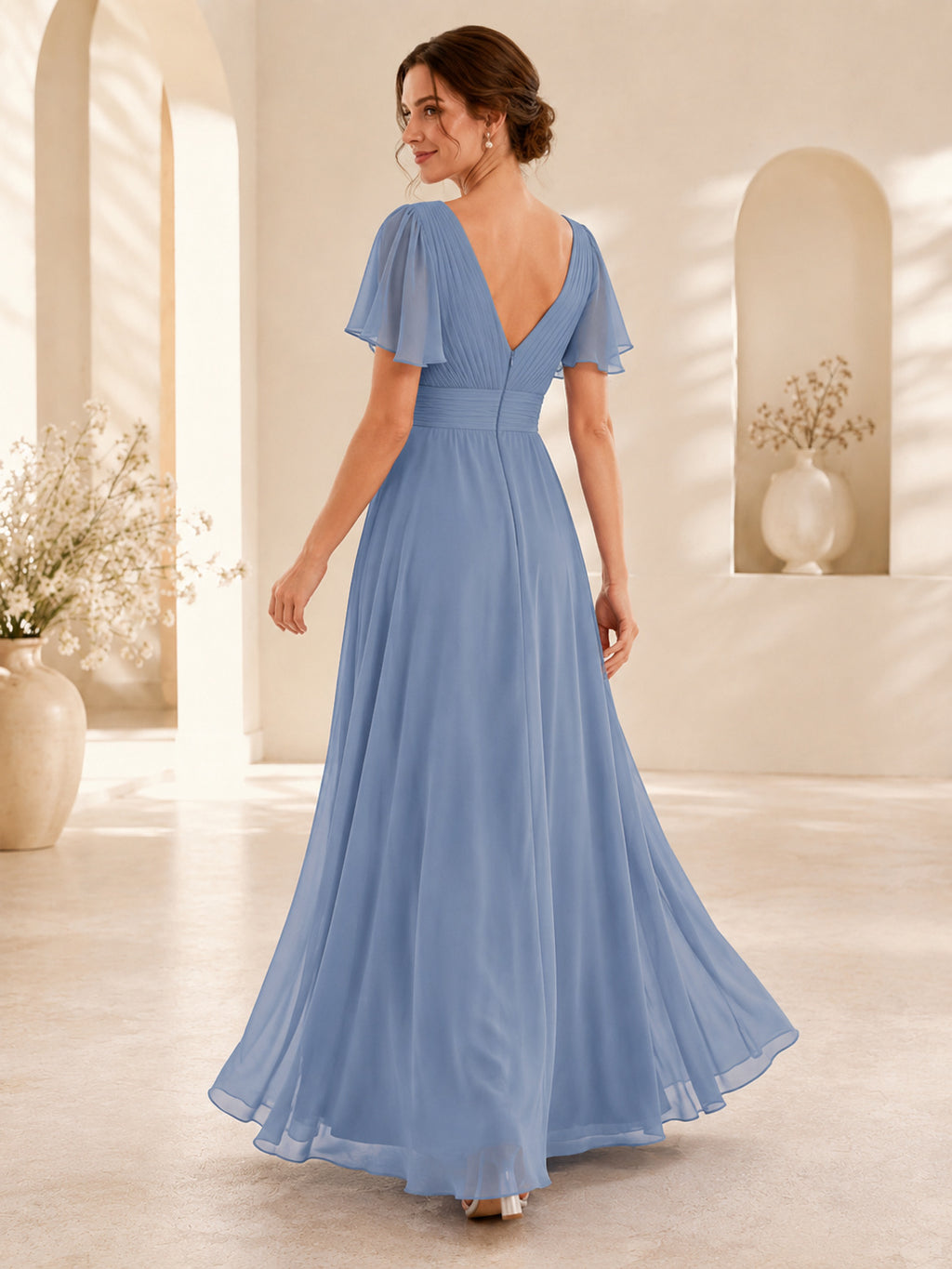 Steel Blue Chiffon V-Neck Flutter Sleeve Evening Gown back view