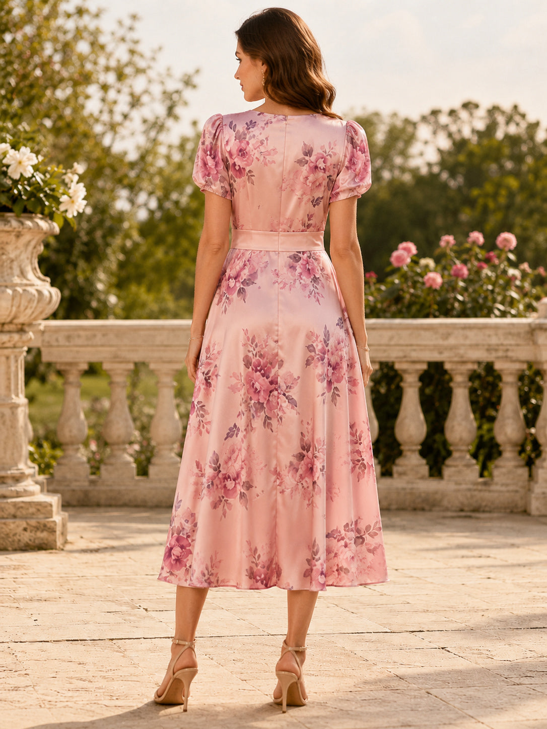 Soft pink floral puff sleeve wrap tea length garden guest dress back view