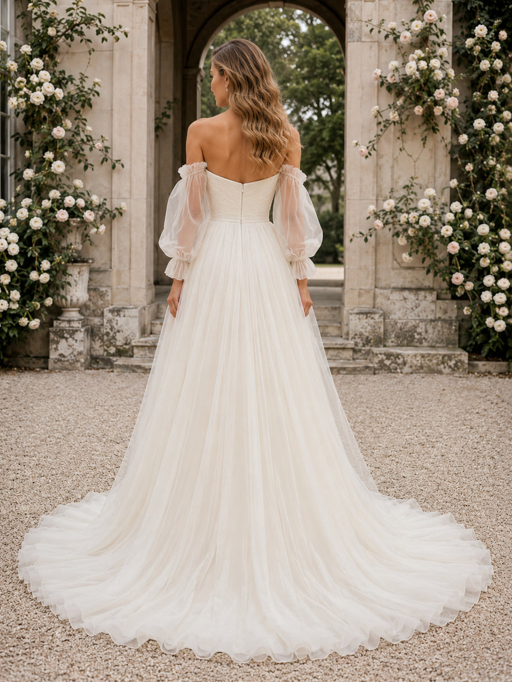 Romantic Tulle Wedding Dress A-Line Off Shoulder Long Sleeve Sweep Train Bridal Gown back view