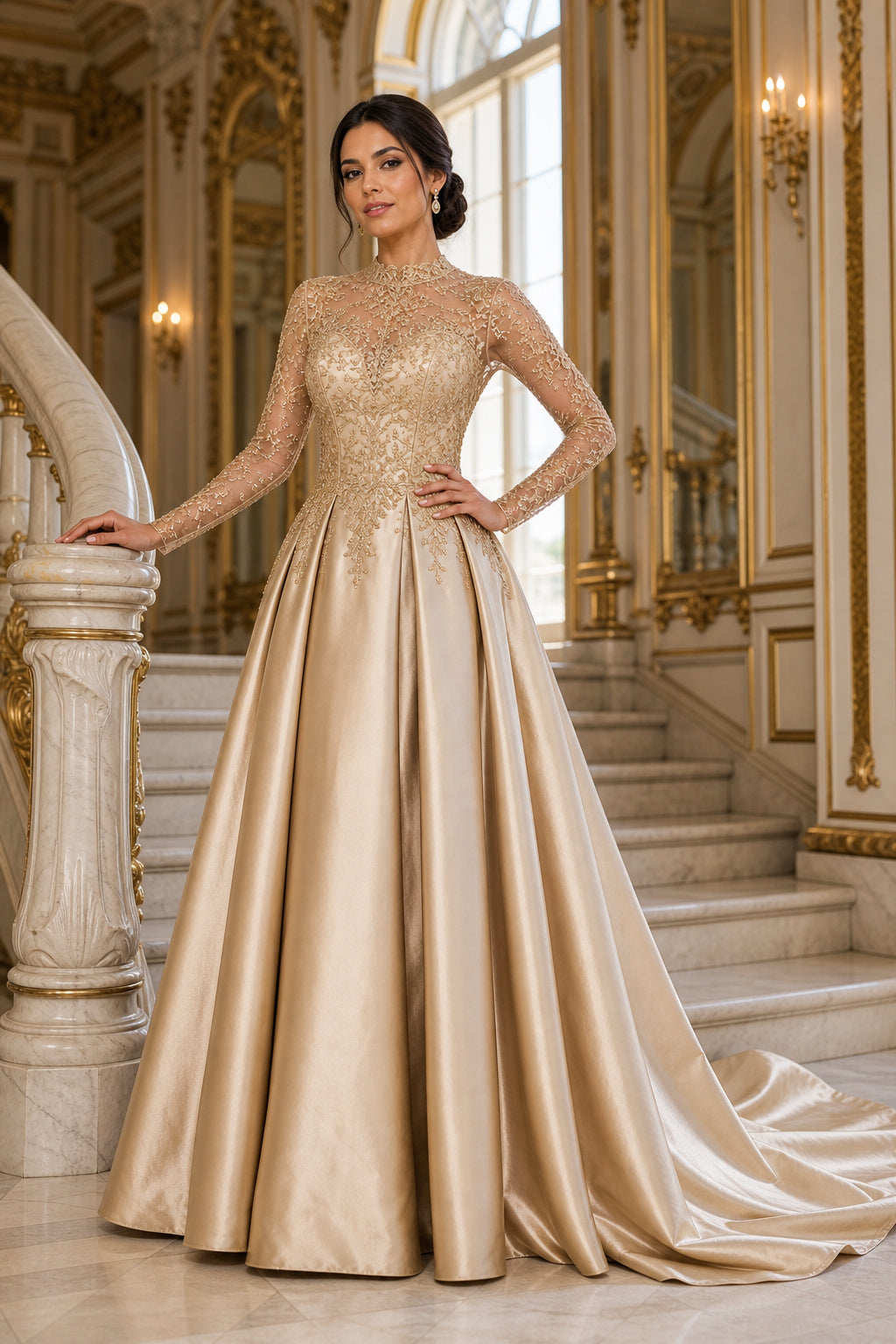 Champagne Long Sleeve A-Line Satin Floor-Length Dress With Lace Bodice