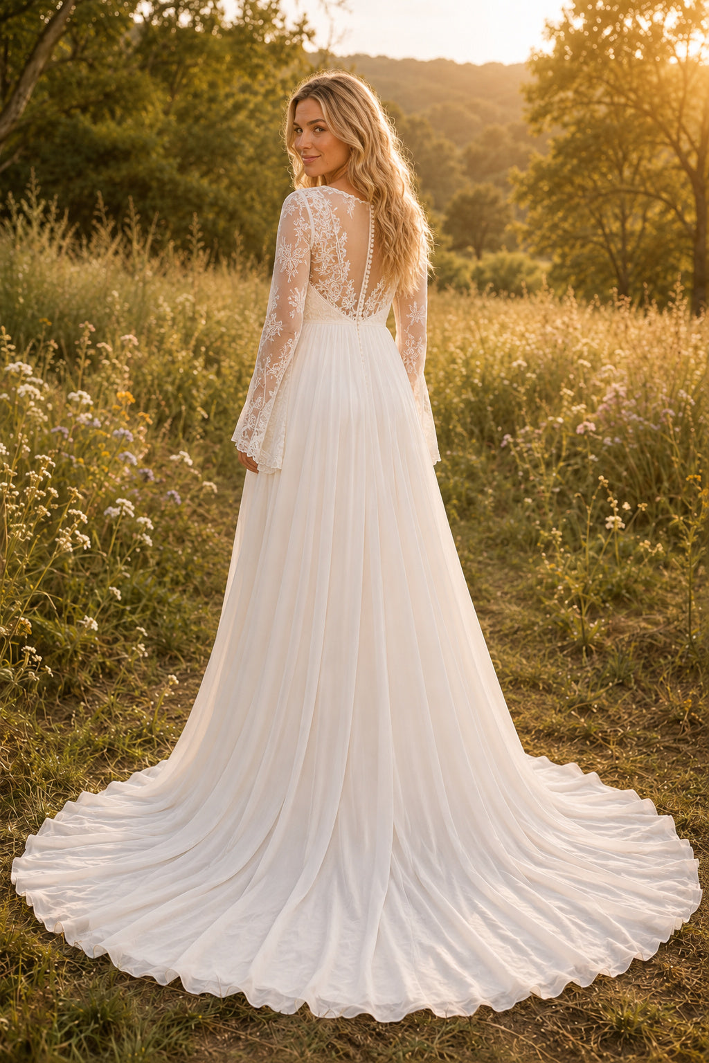Ivory Long Sleeve Lace Maternity A-Line Wedding Dress with Chapel Train back view
