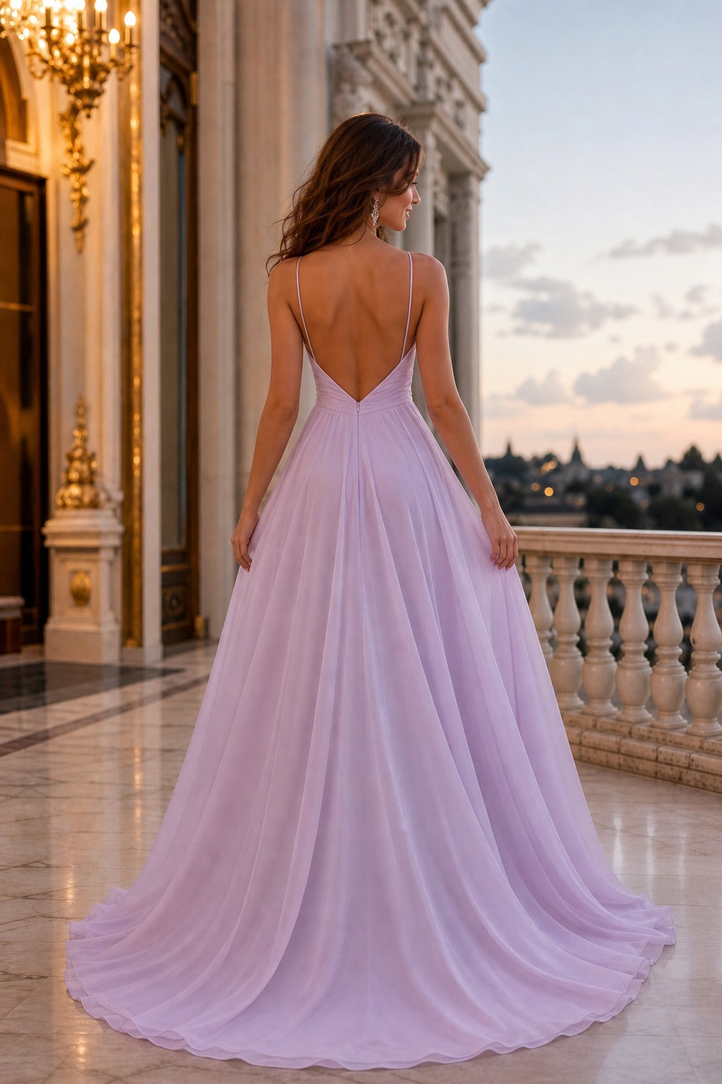 Lavender Plunging V-Neck Floor-Length Chiffon A-Line Dress