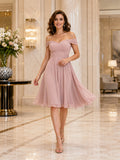 Dusty Rose Off-the-shoulder Tulle A-Line Dress front view