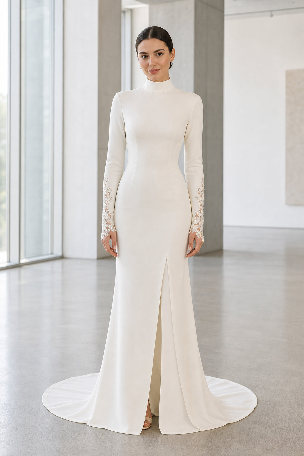 White High Neck Long Sleeves Sheath Crepe Floor-length Wedding Dress With Front Slit