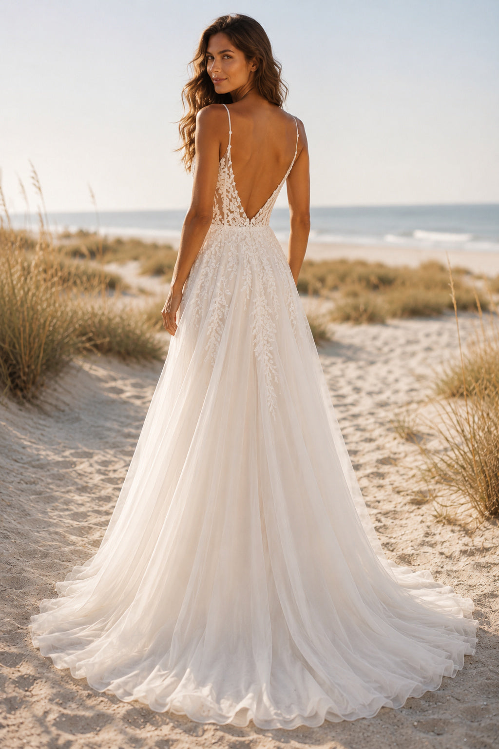 Ivory Sexy Spaghetti Neck A-Line Soft Tulle Wedding Dress with Spaghetti Straps and Sweep Train Style MG_701380 back view