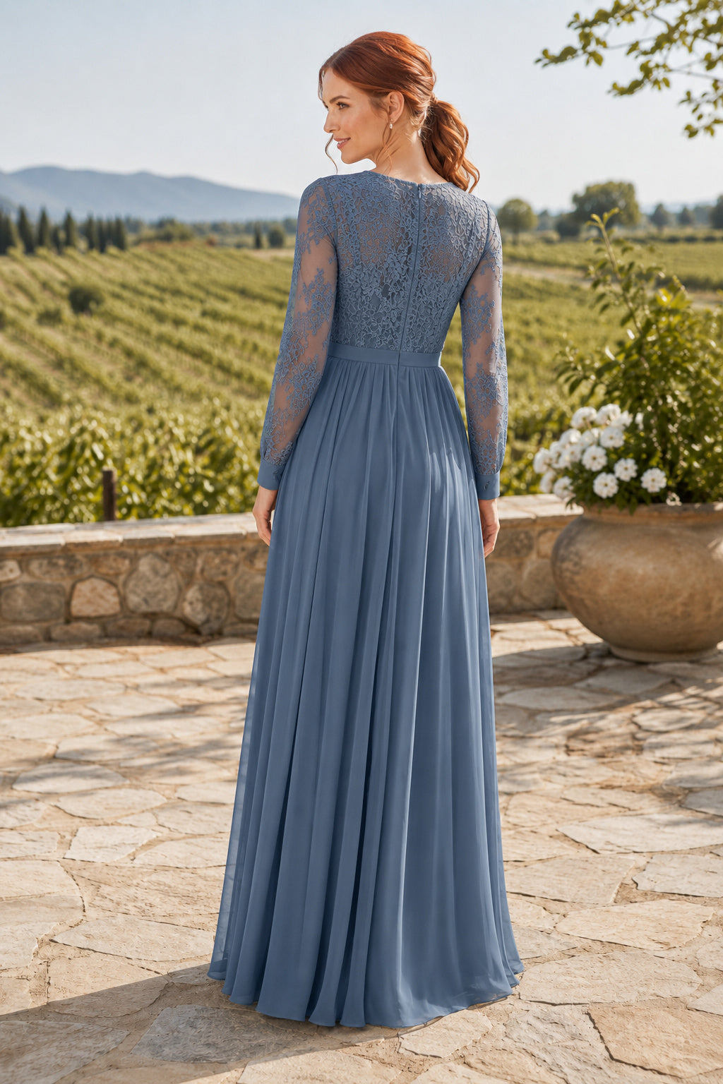 Steel Blue High Neck Lace Chiffon Mother Dress with Illusion Sleeves and A-Line Skirt back view
