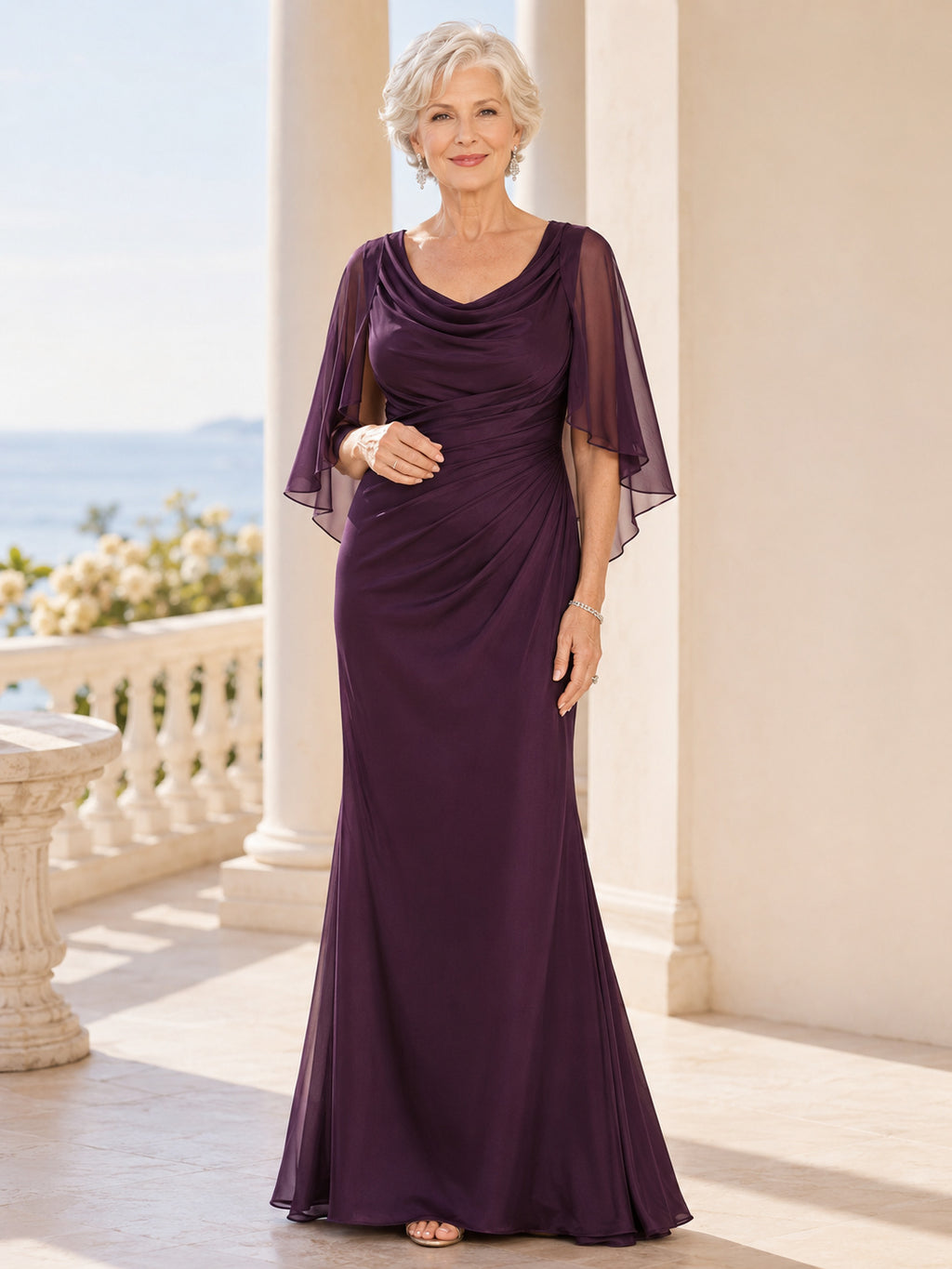 Plum Modest Elegant Cowl-Neck Sheer-Capelet Side-Ruched Floor-Length Sheath Mother of the Bride Gown front view