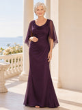 Plum Modest Elegant Cowl-Neck Sheer-Capelet Side-Ruched Floor-Length Sheath Mother of the Bride Gown front view
