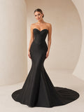 Black Strapless Sweetheart Satin Mermaid Basque Corset Wedding Gown front view