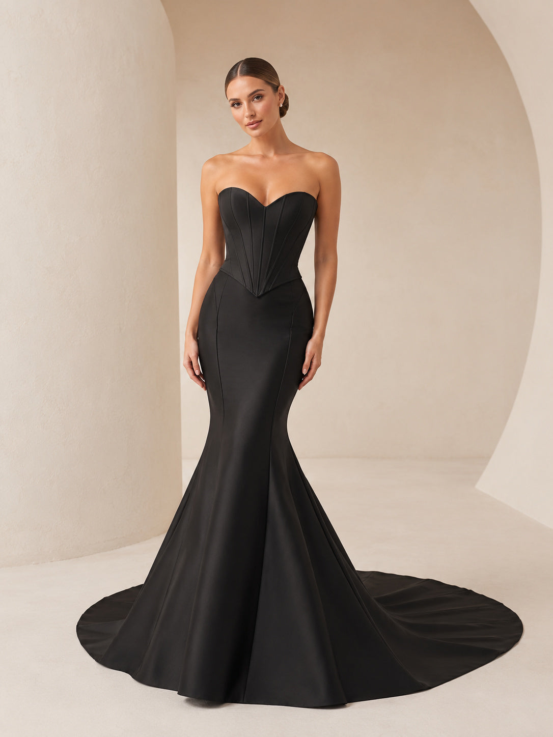 Black Strapless Sweetheart Satin Mermaid Basque Corset Wedding Gown front view