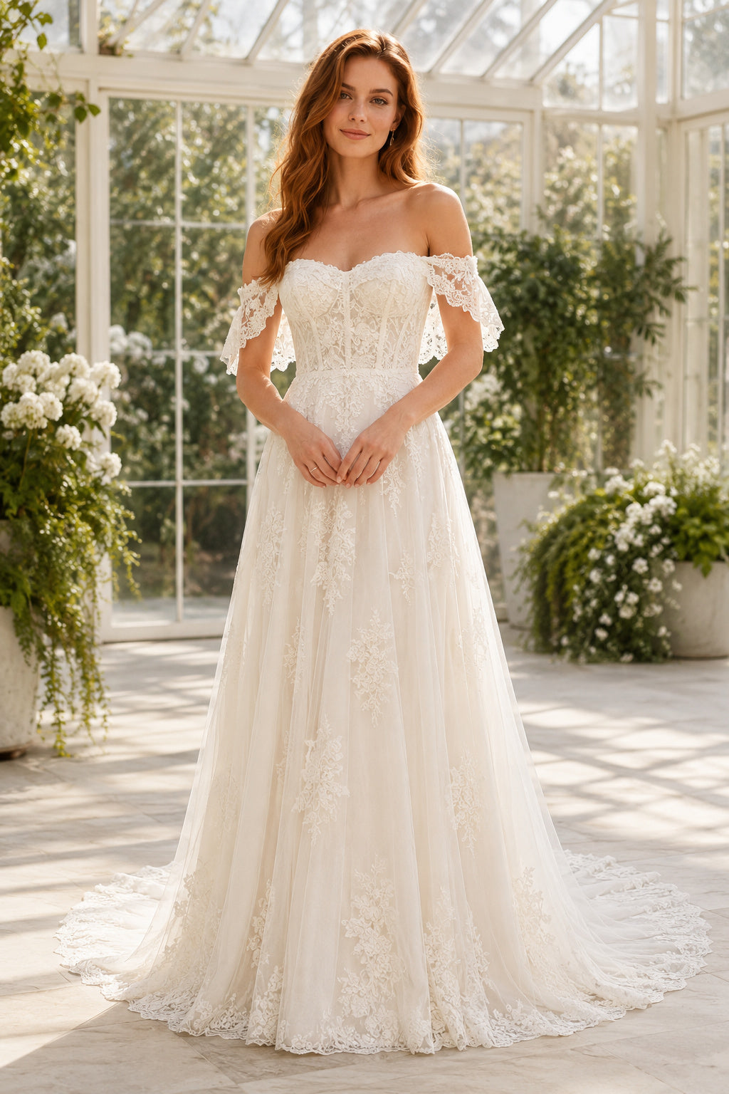 Ivory Off-the-Shoulder Lace A-Line Wedding Dress with Short Sleeves and Train front view