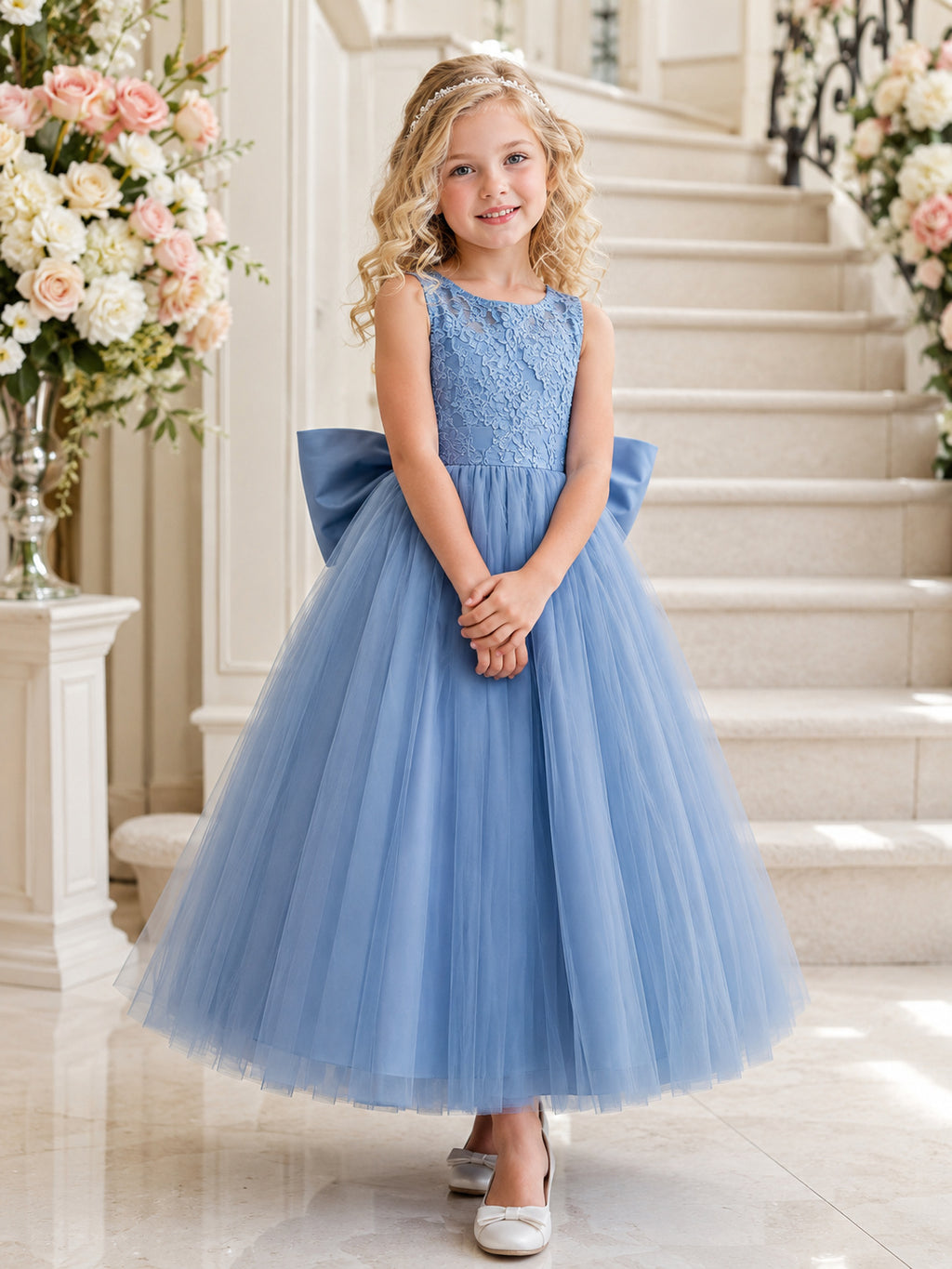 Flower Girl Dress Steel Blue Tulle A-Line Sleeveless Jewel Neck Tea Length Bow Back front view
