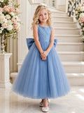 Flower Girl Dress Steel Blue Tulle A-Line Sleeveless Jewel Neck Tea Length Bow Back front view