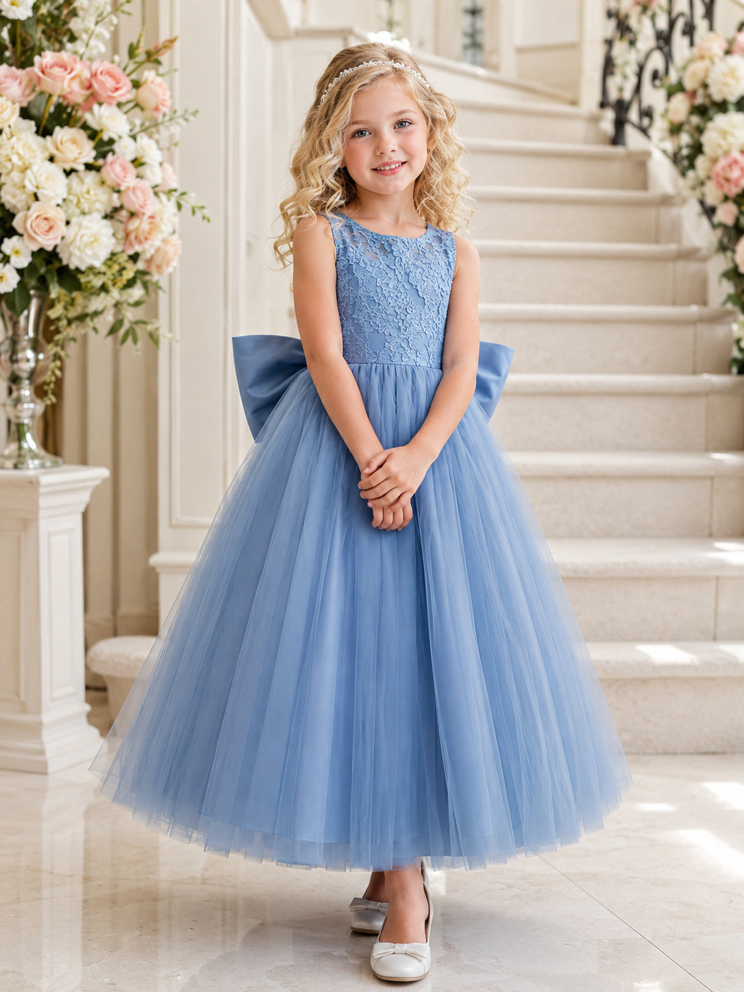 Flower Girl Dress Steel Blue Tulle A-Line Sleeveless Jewel Neck Tea Length Bow Back front view