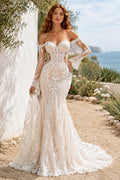 Champagne Sexy Off-the-Shoulder Mermaid Champagne Lace Wedding Dress with Detached Long Lace Sleeves and Chapel Train Style M