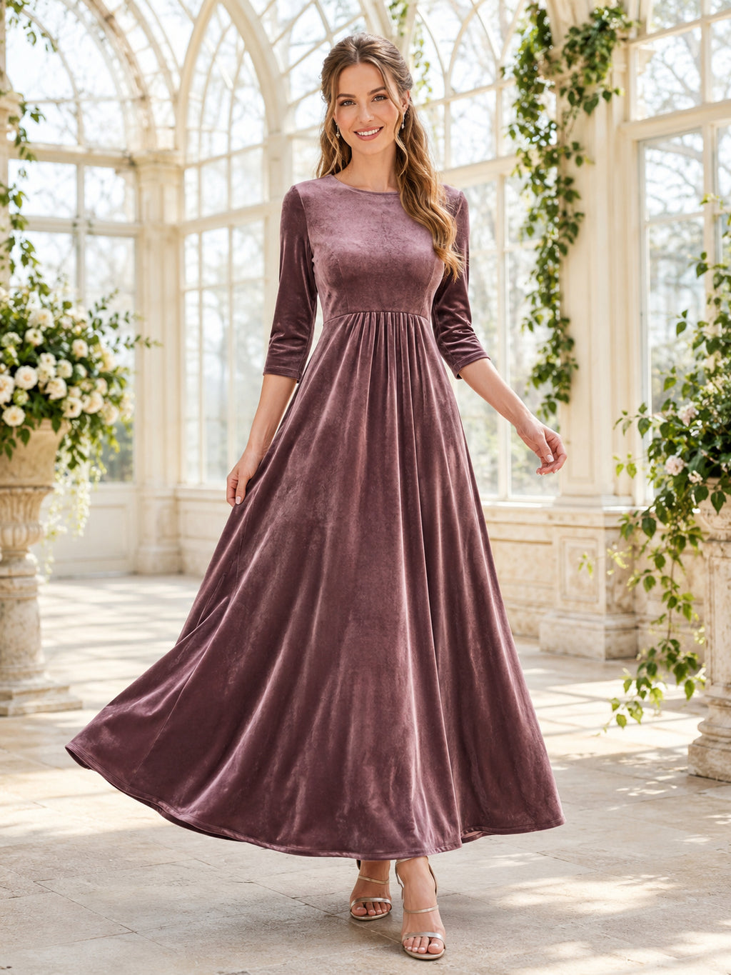 Mauve Bateau Neck Three Quarter Velvet Ankle Guest Dress front view