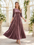 Mauve Bateau Neck Three Quarter Velvet Ankle Guest Dress front view