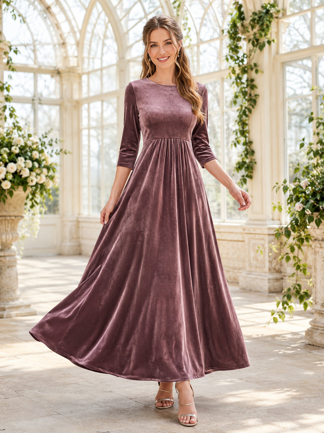 Mauve Bateau Neck Three Quarter Velvet Ankle Guest Dress front view