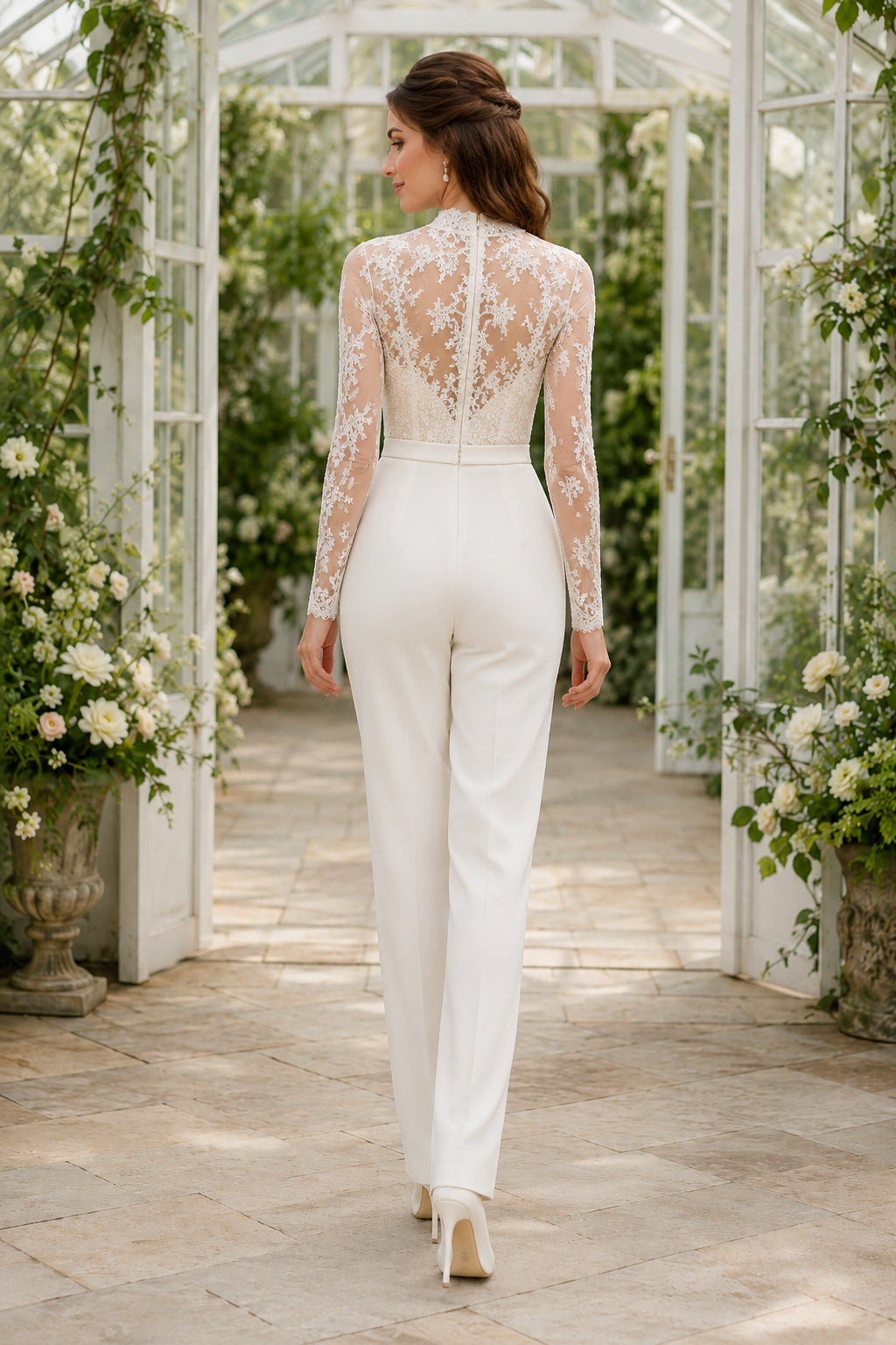 White High Neck Lace Bridal Jumpsuit back view