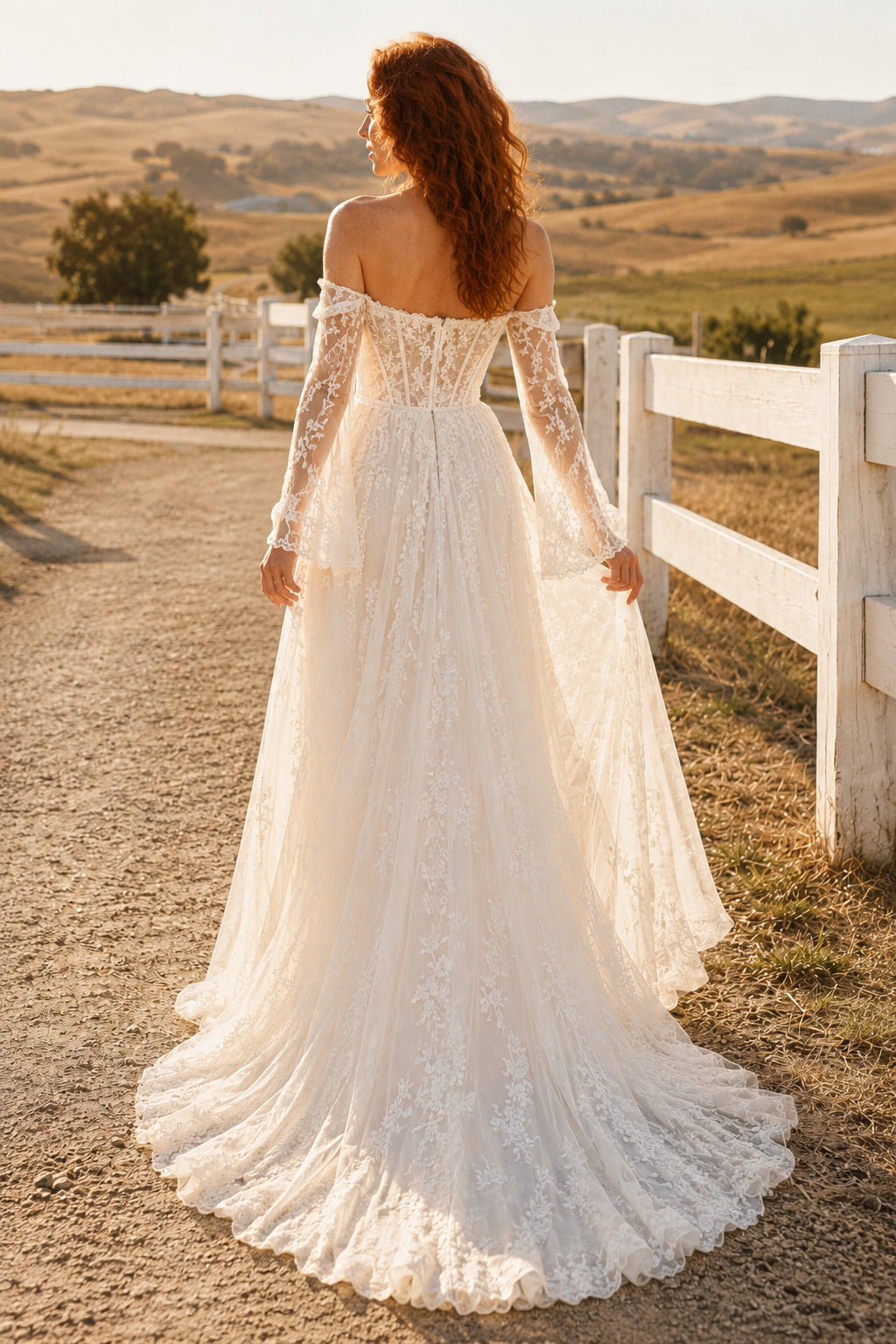 Off the Shoulder Long Sleeve A-Line Wedding Dress with Lace Bodice and Sweep Train back view