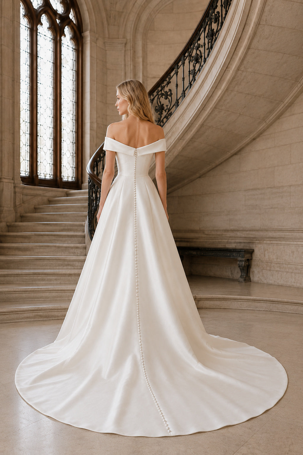 Off-the-Shoulder Satin A-Line Wedding Dress with Court Train back view
