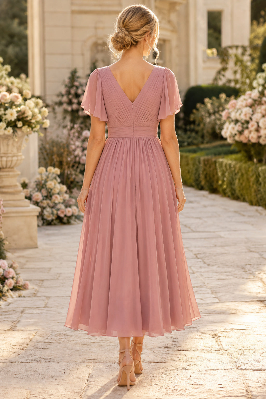 Dusty Rose Chic Formal Wedding Guest Sheath Dress back view