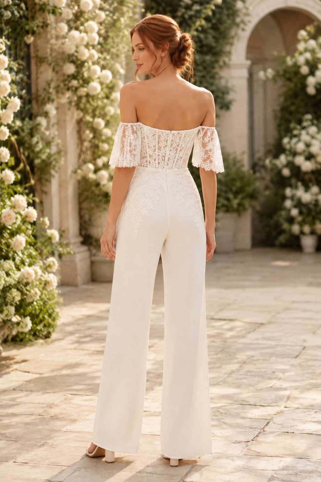 Ivory Off-the-Shoulder Lace Bridal Jumpsuit with Short Ruffle Sleeves back view