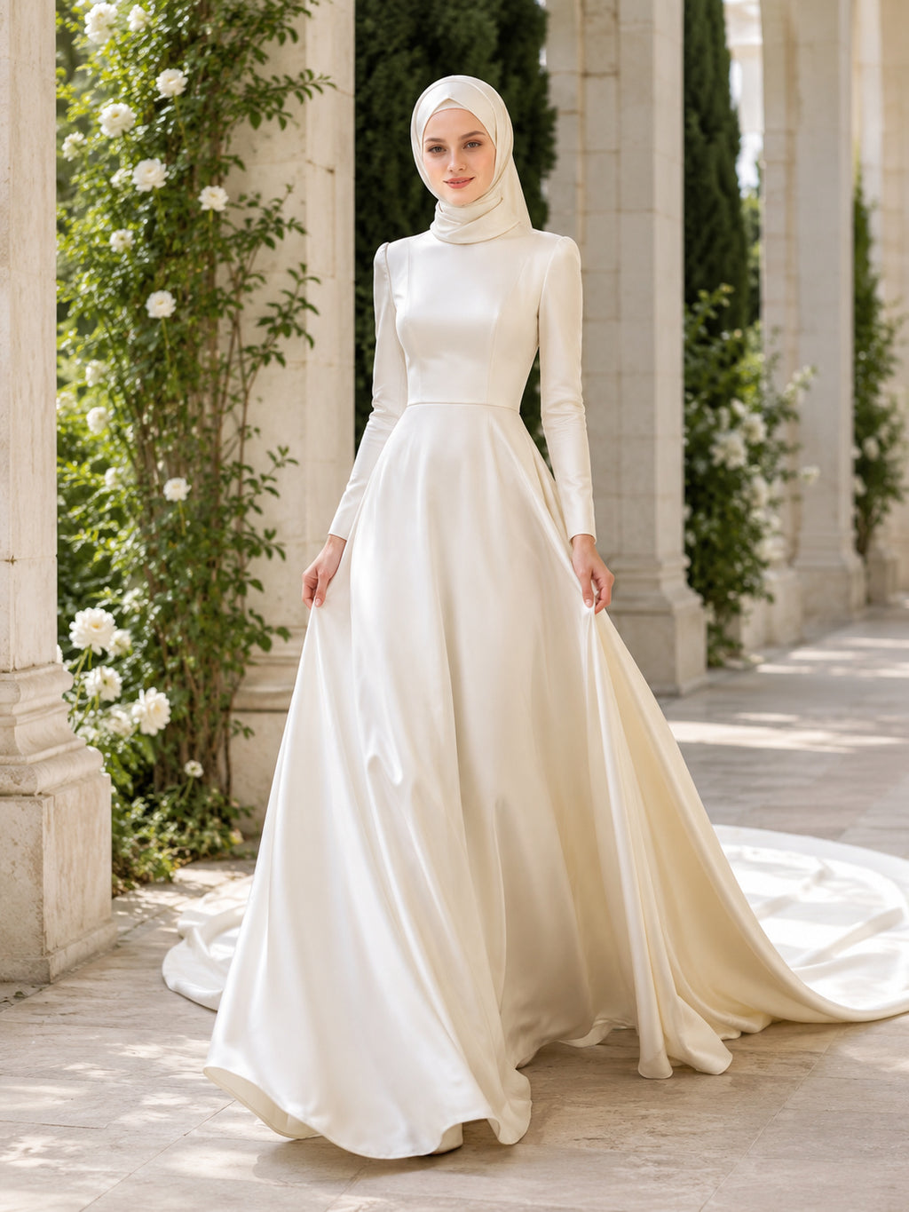 Simple Muslim Long Sleeve Satin A-Line Garden Wedding Dress front view