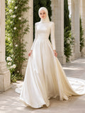 Simple Muslim Long Sleeve Satin A-Line Garden Wedding Dress front view