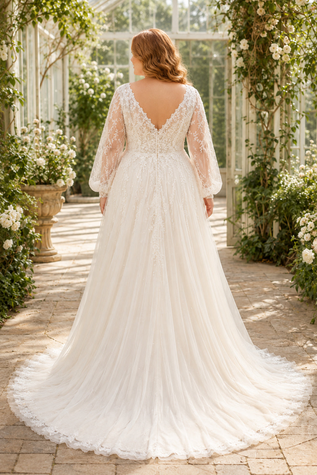 Ivory Plus Size V-Neck Long Sleeve Lace A-Line Wedding Dress with Soft Tulle Skirt and Train back view