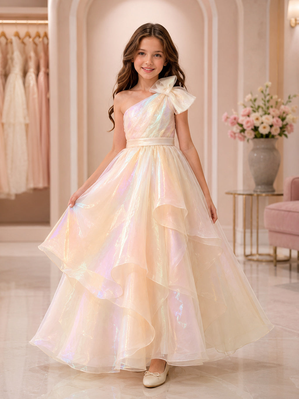 Iridescent Luxury A-Line Organza Flower Girl Dress Petal Sleeve One-Shoulder Floor-Length Cascading Ruffles front view