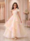 Iridescent Luxury A-Line Organza Flower Girl Dress Petal Sleeve One-Shoulder Floor-Length Cascading Ruffles front view