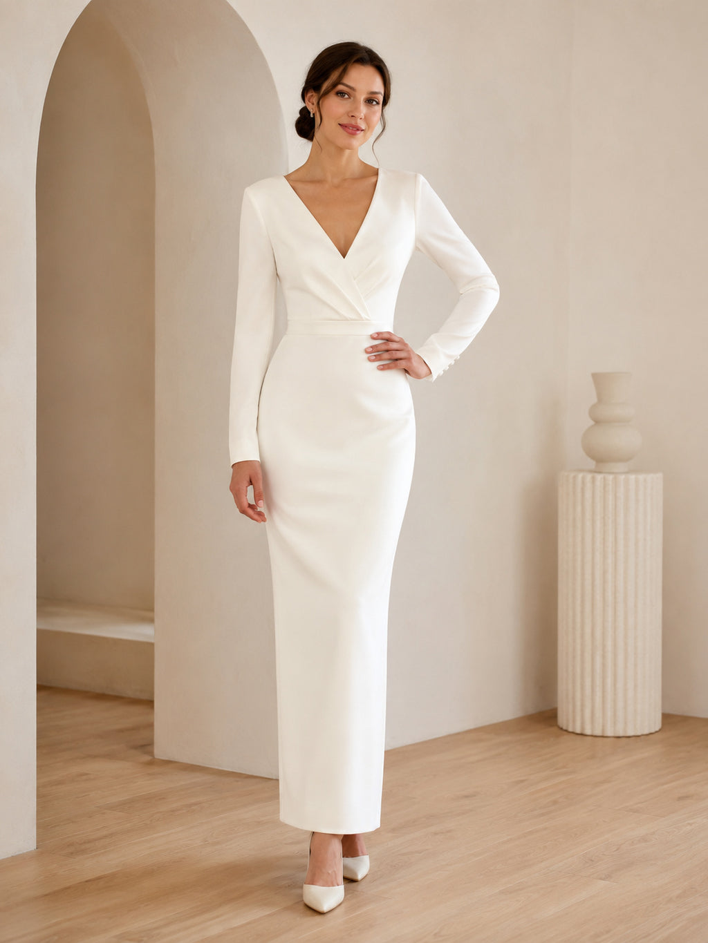 Minimalist V Neck Long Sleeve Satin Sheath Ankle Civil Wedding Dress front view