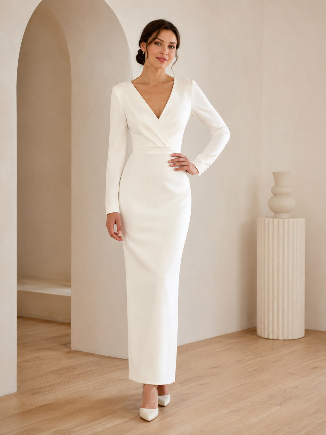 Minimalist V Neck Long Sleeve Satin Sheath Ankle Civil Wedding Dress front view