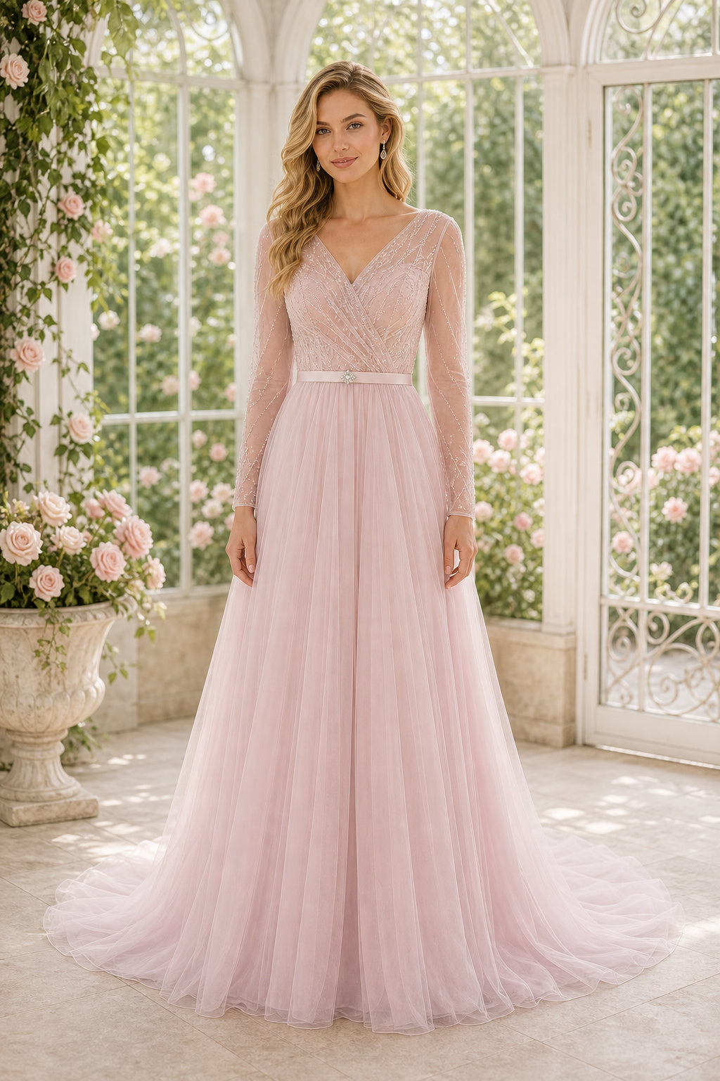 Blush V-neck A-Line Tulle Floor-length Wedding Dress With Beaded Waist and Train