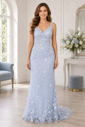 Light Blue V-neck Spaghetti Strap Mermaid Lace Floor-Length Dress With Sweep Train