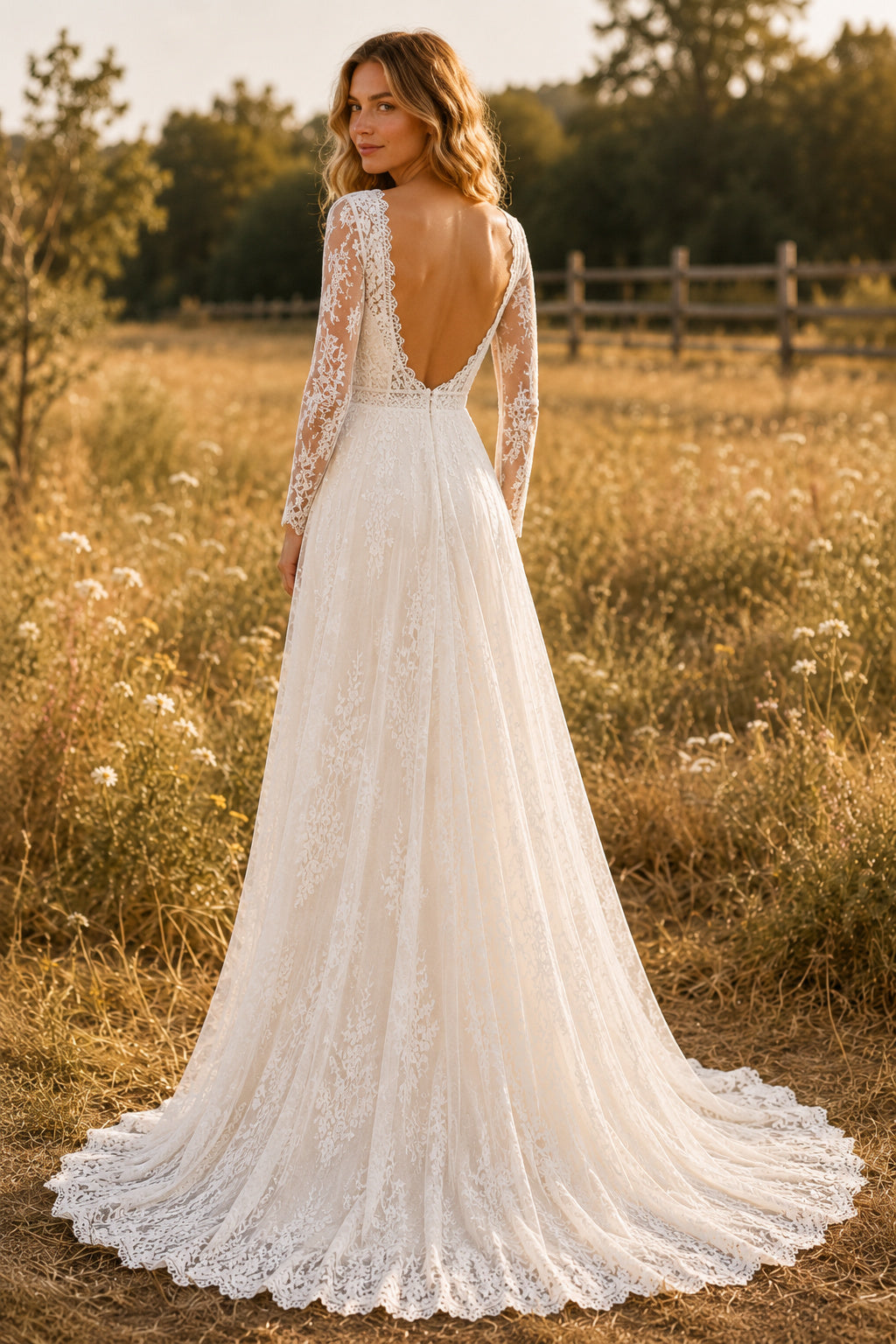 Ivory Long Sleeve V-Neck Lace A-Line Wedding Dress with Low-V Back and Sweep Train back view