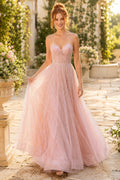 Blushing Pink strapless corset tulle A line dress with soft full skirt Floor-length A-Line Prom Dress front view