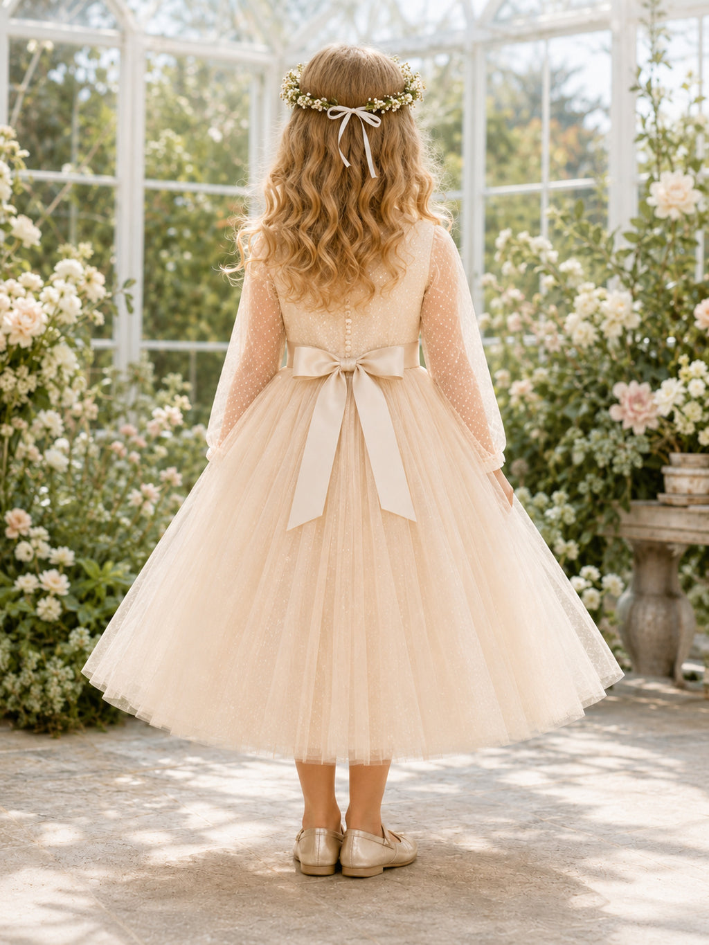 Champagne Tulle A-Line Flower Girl Dress with Sleeveless, Jewel Neck, Tea-Length Skirt, Bow Detail back view