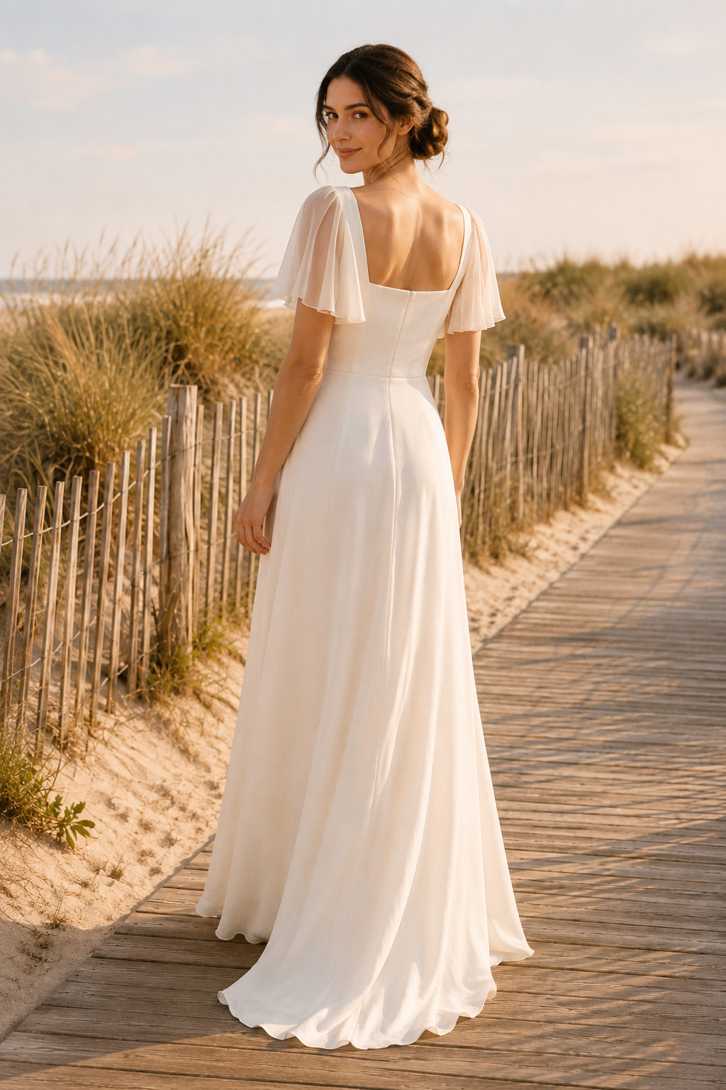Ivory Square Neck Flutter Sleeve Chiffon A-Line Wedding Dress with Soft Train back view