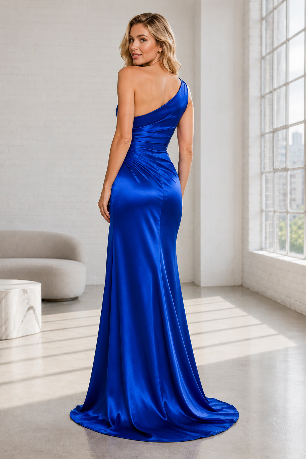 Royal Blue One Shoulder Satin Mermaid Formal Dress back view