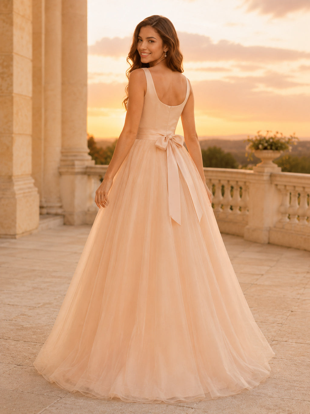 Champagne Simple Affordable Scoop Strap Tulle Satin Sash Quinceanera A-Line Summer Gown back view